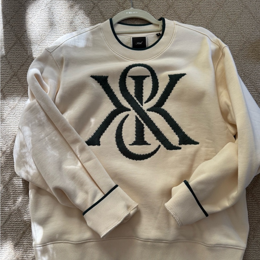 Kith Cream Crewneck Sweater with Embroidered Green Monogram Logo